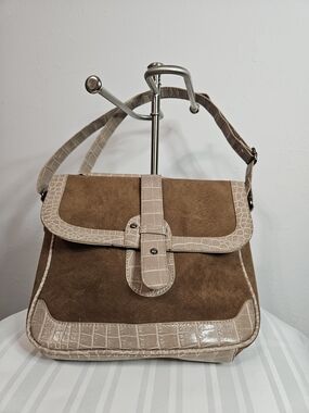 Brown Suede Shoulder Bag with Croc-Trim Detail